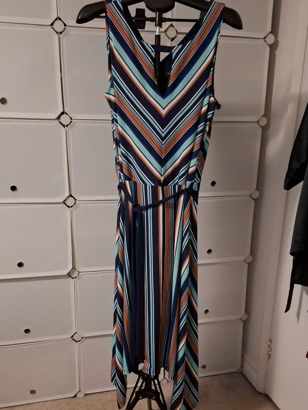 Michel Studio Striped High-Low V-Neck Dress in Navy, Teal & Brown